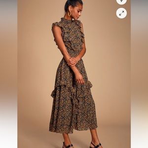 Lulus Evalina Mustard Yellow Floral Print Mock Neck Midi Dress size small